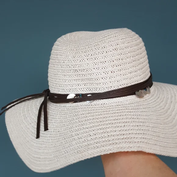 OFF WHITE COLUMBINO BOHO WITH ABALONE DRIP RAFIA PAPER TREE FLOPPY SUMMER HAT - Picture 2 of 9